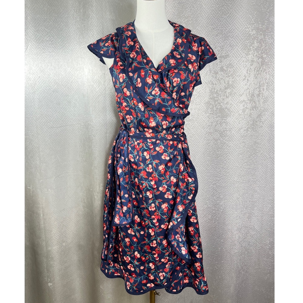 Hi There Karen Walker Cherry Print Wrap Dress Navy Blue Ruffle Hem Womens 12 - Picture 10 of 10